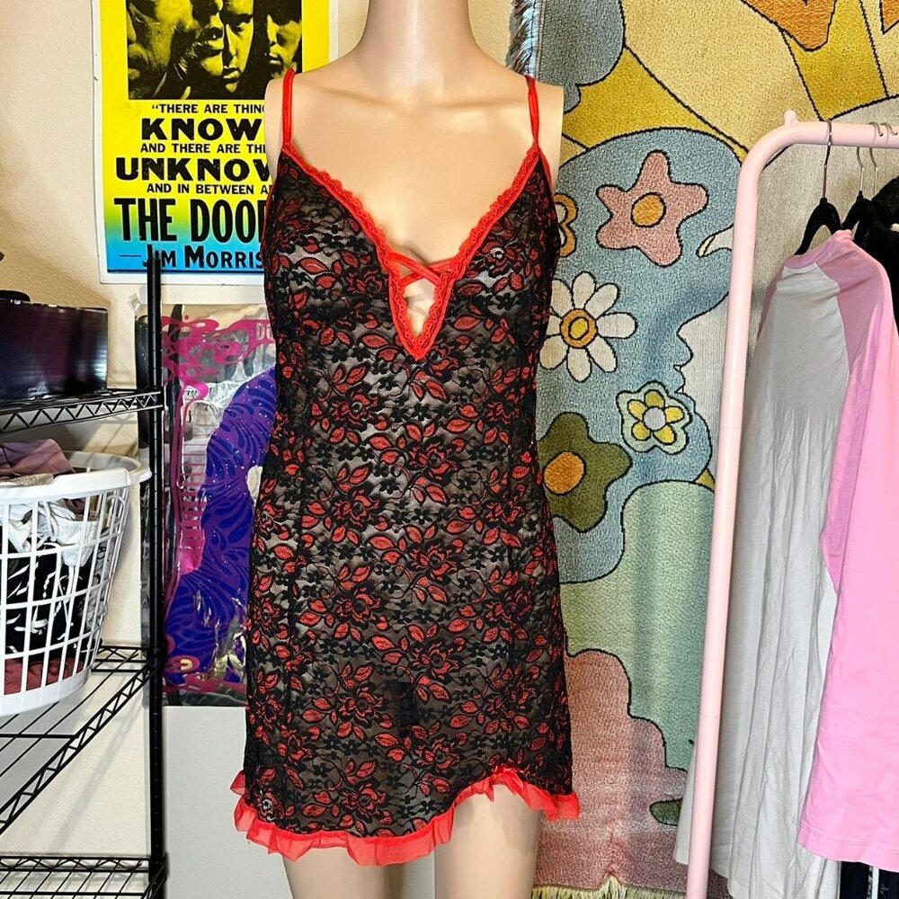 Red Lace Sheer Slip Dress